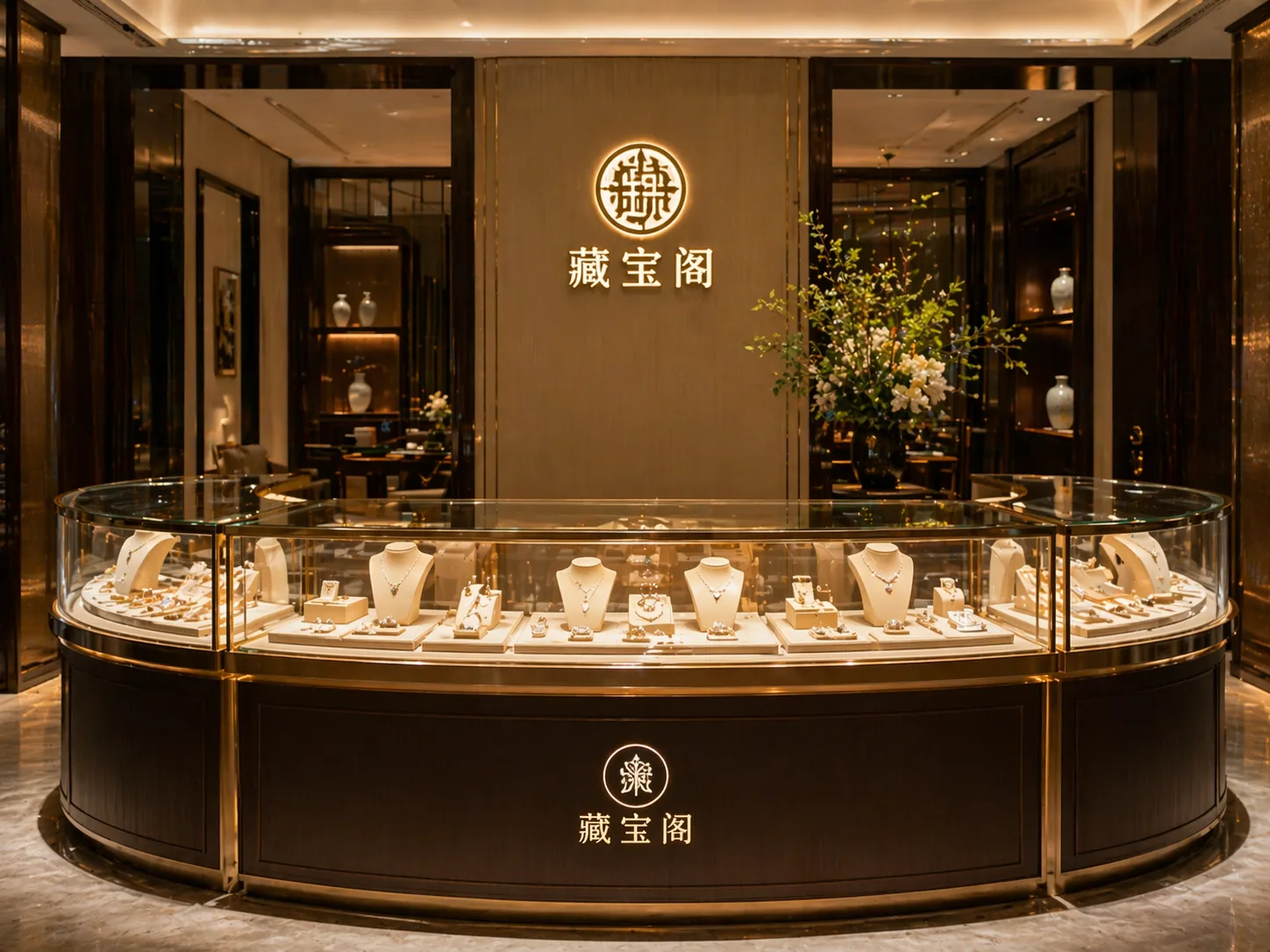 深色圆弧珠宝低柜整店效果图